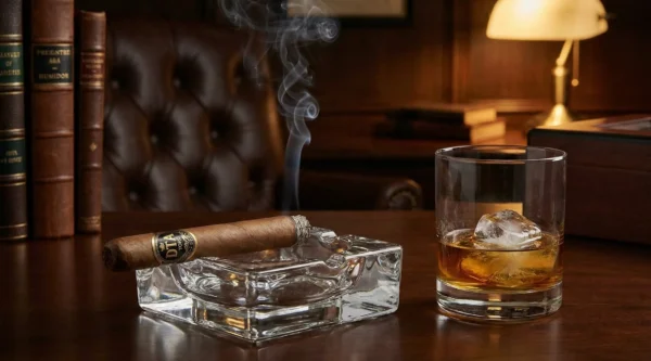 premium nicaraguan toro cigar lit in ashtray with whiskey